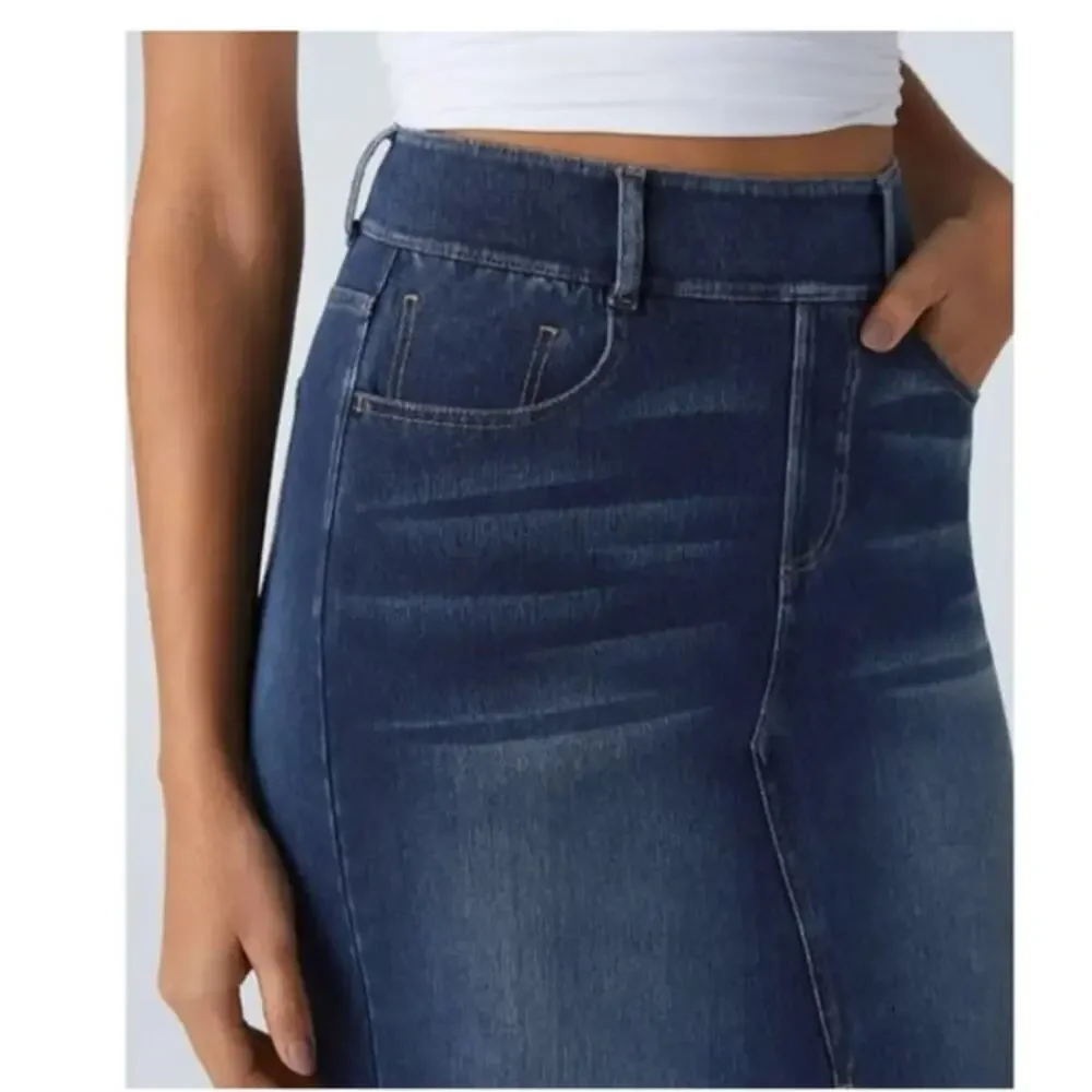 Halara Flex™ High Waisted Skirt Pockets Bodycon Washed Denim Casual Midi NWT XL
